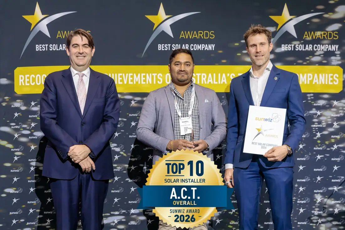 Prime Solar Energy accepting the SunWiz Top 10 Solar Installer ACT Overall award for 2026
